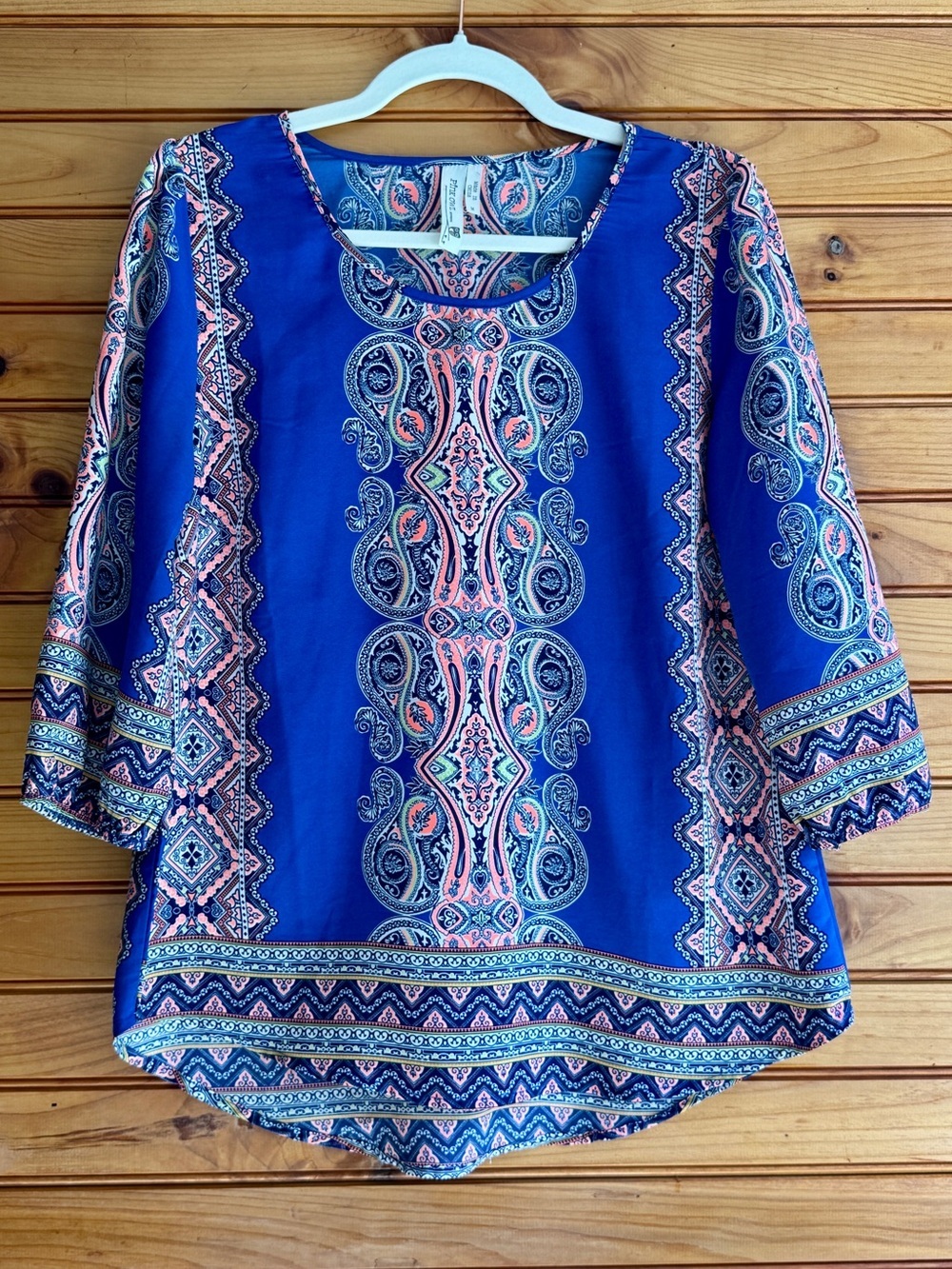 Boho Paisley Tunic Blouse M Blue Coral 70s Hippie Festival Pink Owl